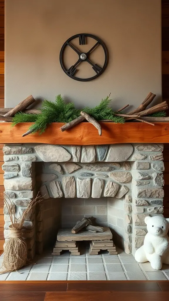 23+ Stunning Farmhouse Fireplace Decor Ideas to Transform Your Home 17 A rustic farmhouse fireplace with stonework, a wooden mantel decorated with greenery and branches, and a white teddy bear beside it.