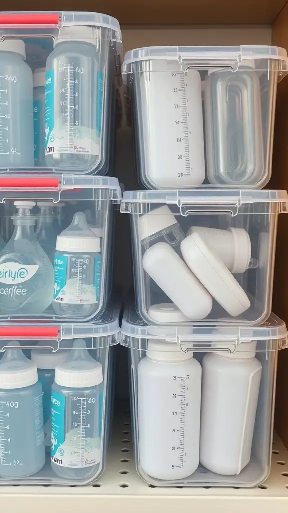 15+ Creative Baby Bottle Organization Ideas for a Clutter-Free Space 9 Clear containers filled with baby bottles organized on a shelf