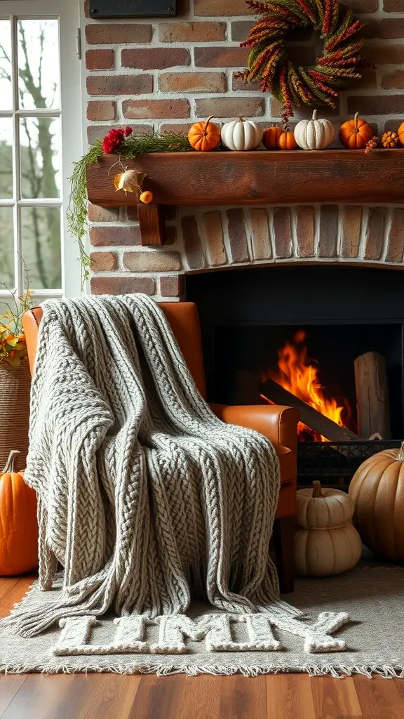21+ Cozy Fall Decor Ideas from Hobby Lobby 8 A cozy knit throw blanket draped over a chair next to a fireplace decorated with pumpkins and a wreath.