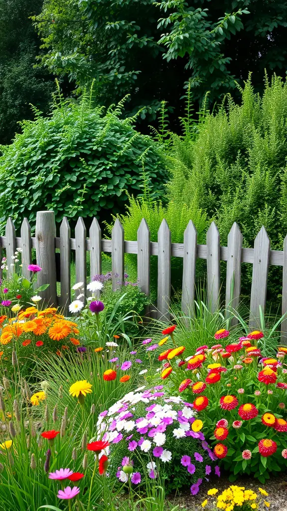21+ Cottagecore Garden Essentials for a Whimsical Outdoor Retreat 4 A colorful flower bed with various blooms in front of a wooden fence and lush greenery.