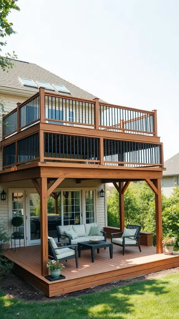 19+ Stunning Decks with Patios Underneath for Your Outdoor Oasis 5 A multi-level wooden deck with a patio underneath, featuring comfortable seating and greenery.