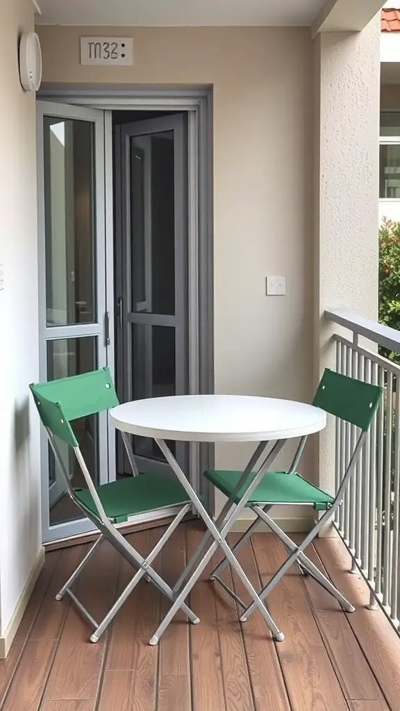 A small balcony with a round table and two green folding chairs.