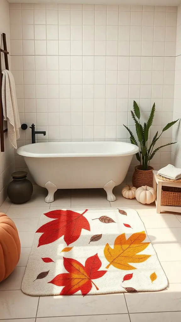 27+ Cozy Fall Bathroom Decor Ideas to Refresh Your Space 14 A cozy bathroom with a fall-themed bath mat featuring colorful leaves, a white bathtub, and autumn decorations.