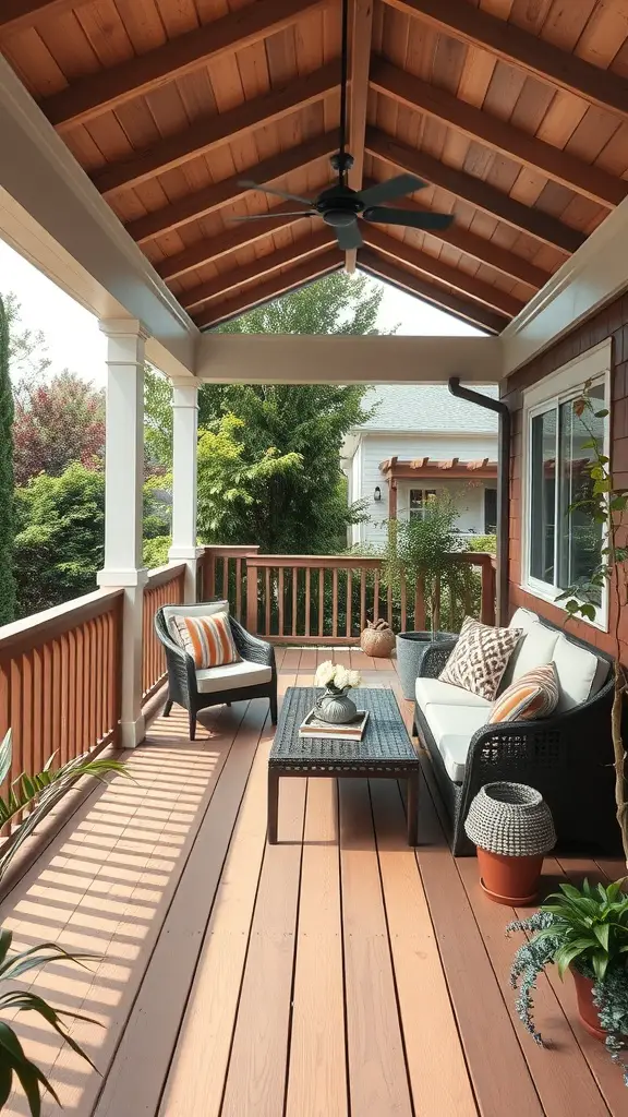 21+ Must-Have Features for Your Covered Deck Oasis 4 Cozy outdoor lounge on a covered deck with comfortable seating and plants.