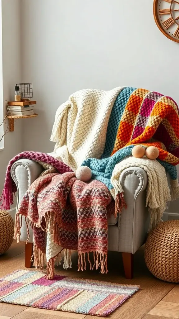 A cozy armchair with colorful knitted blankets and throws draped over it, creating a warm and inviting atmosphere.