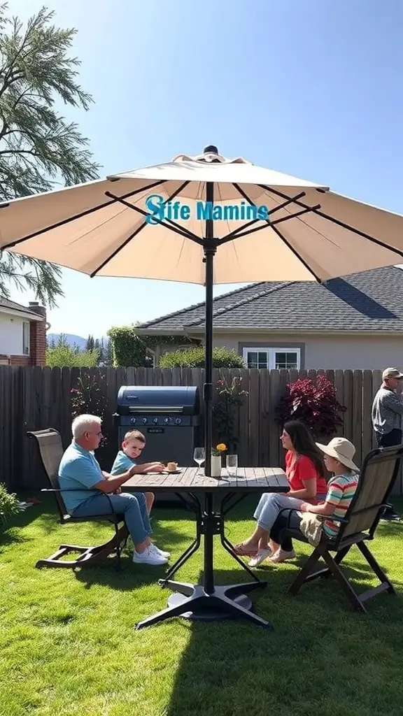 17+ Creative Patio Umbrella Ideas for Your Outdoor Space 14 A family enjoying a meal under a stylish patio umbrella in a sunny backyard.