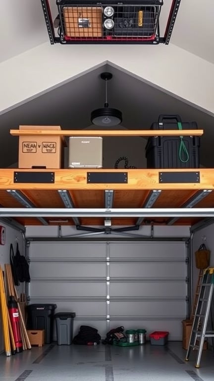 19+ Creative Garage Loft Storage Ideas You Need to Try 13 A garage with a loft storage area, featuring wooden shelves and organized storage boxes.