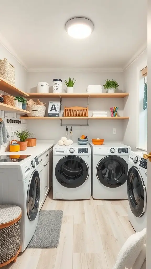 A bright and organized family-friendly laundry room with modern appliances and decorative storage.