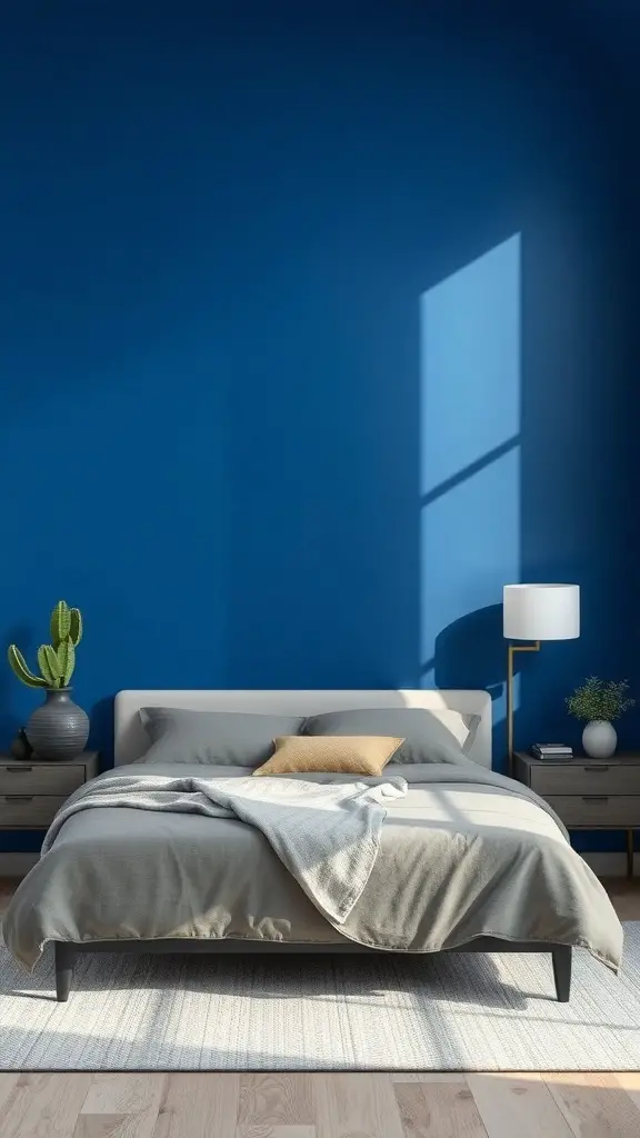 23+ Stunning Blue and Grey Bedroom Ideas You'll Love 5 A blue accent wall in a modern bedroom with grey bedding and decor.