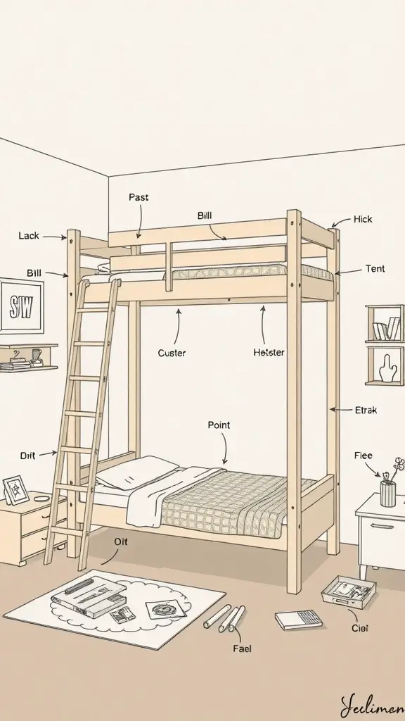 Illustration of a DIY loft bed with labeled parts for assembly