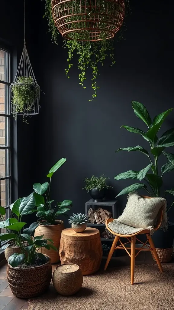 25+ Stunning Dark Feminine Decor Ideas for Your Room 15 A dark feminine room featuring plants, woven baskets, and a rattan chair against a dark wall.