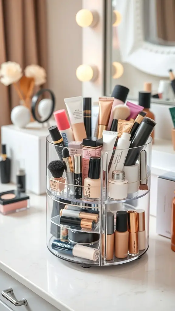 27+ Creative Vanity Organization Ideas You’ll Love 3 A clear rotating makeup organizer filled with various beauty products on a vanity.