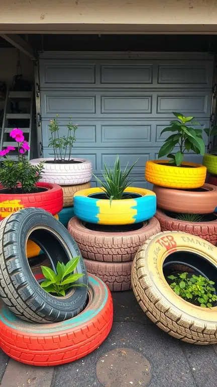 25+ Creative Garage Art Ideas to Transform Your Space 15 Colorful painted tire planters filled with various plants.