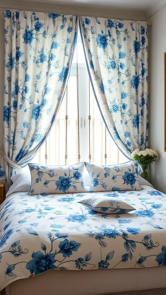 A blue and white bedroom featuring floral patterns on bedding and curtains.