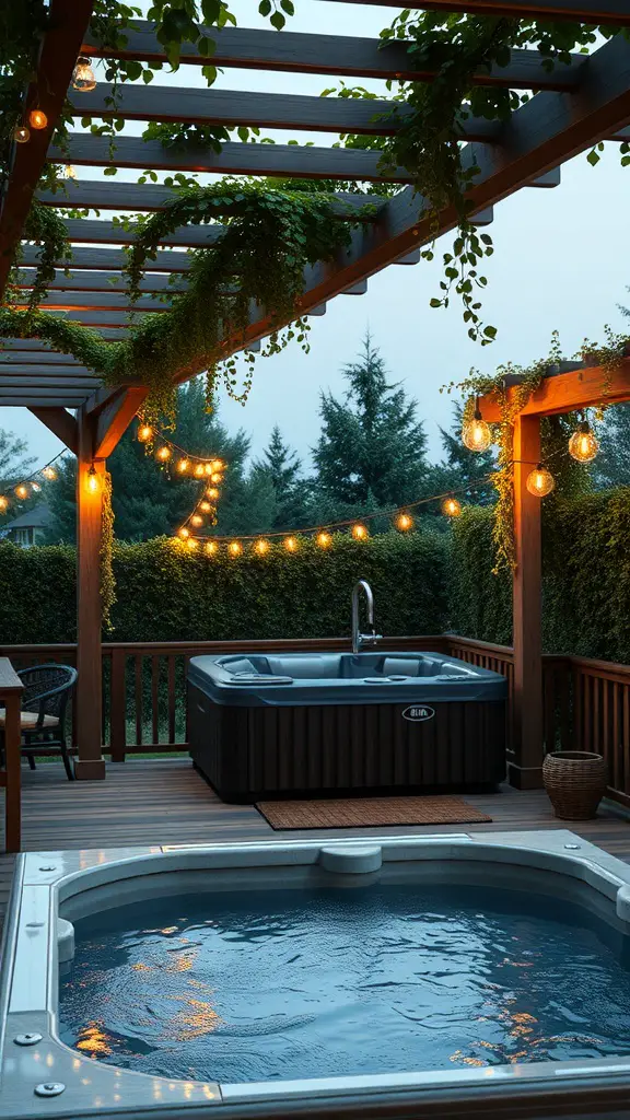 23+ Stunning Hot Tub Deck Designs to Elevate Your Outdoor Oasis 4 A cozy pergola covering a hot tub with vines and string lights, creating a warm and inviting atmosphere.