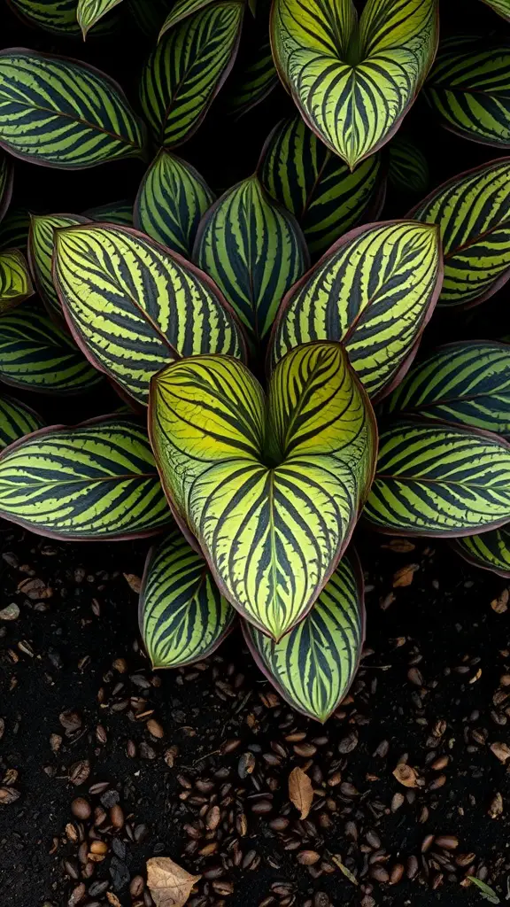 Vibrant Calathea leaves with coffee grounds sprinkled in the soil