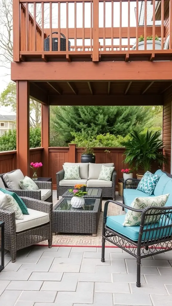 19+ Stunning Decks with Patios Underneath for Your Outdoor Oasis 17 Cozy patio area with comfortable seating and plants underneath a deck.