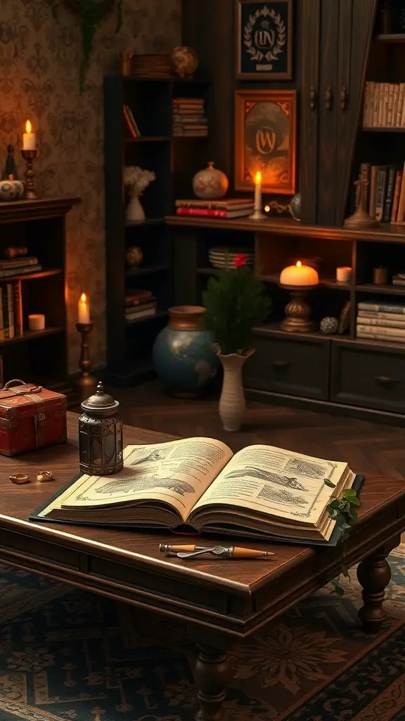 27+ Magical Harry Potter Room Decor Ideas for Every Fan 14 A cozy living room with a spell book coffee table, featuring an open book, candles, and warm decor.