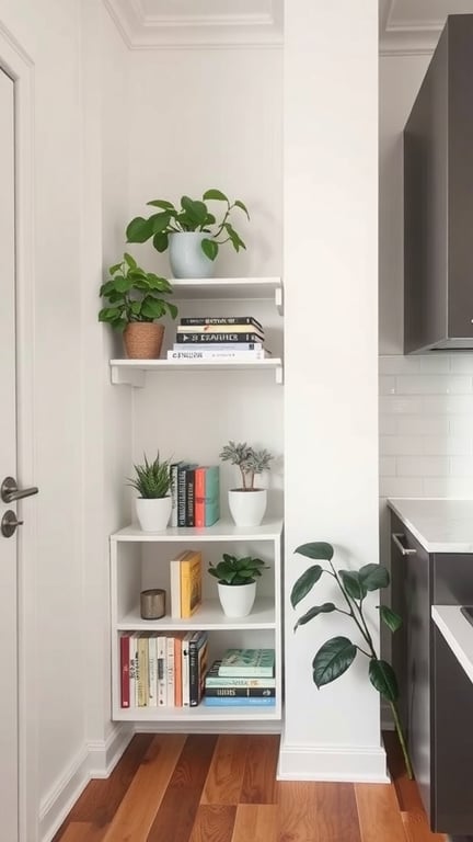 25 Creative Storage Ideas for Small Spaces 6 A corner shelf unit with plants and books, maximizing space in a small area.