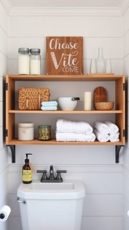 31+ Inspiring Farmhouse Bathroom Ideas You’ll Love 2 Open shelving in a farmhouse bathroom with towels, jars, and decorative items.