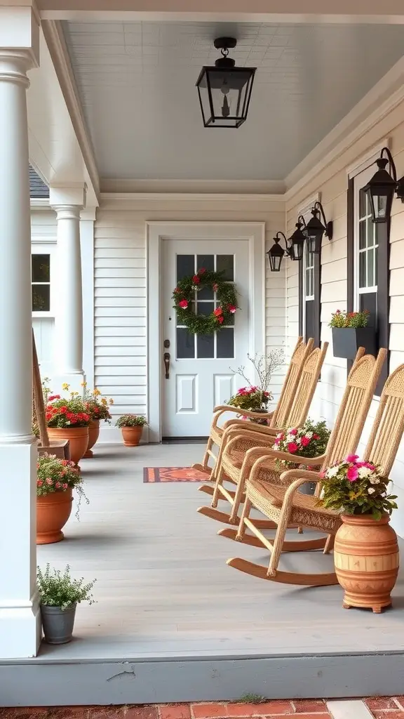 A cozy farmhouse porch with rocking chairs and colorful flower pots.