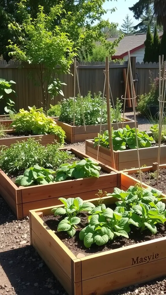 21+ Renter-Friendly Backyard Ideas for a Cozy Outdoor Space 15 A sunny backyard with multiple raised garden beds filled with various plants and herbs.