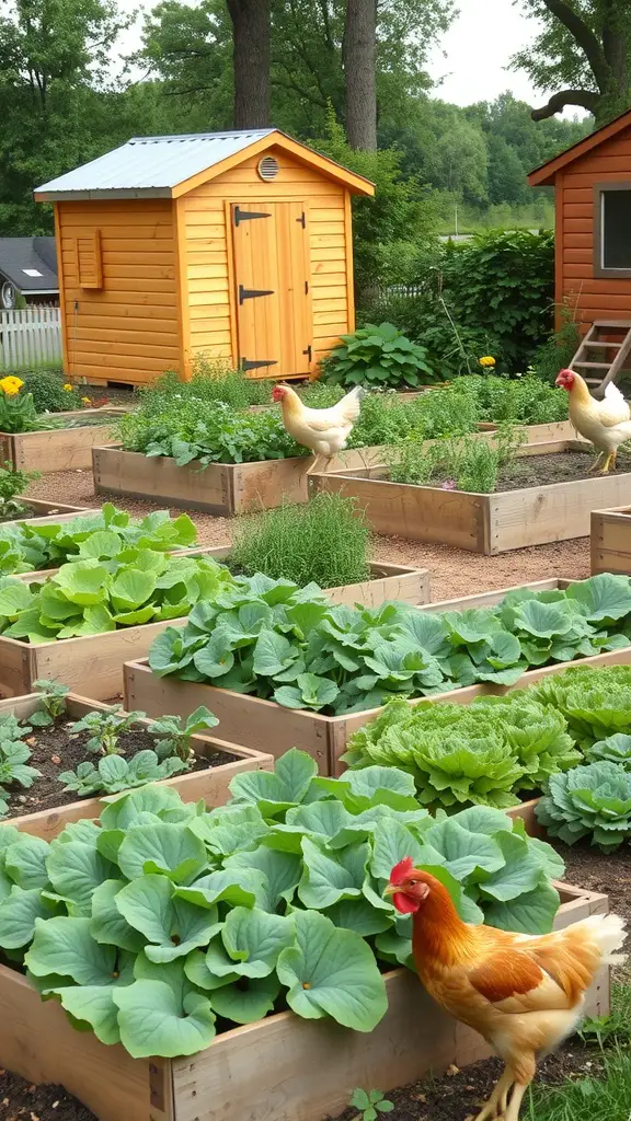 A colorful garden with raised beds filled with green plants and chickens roaming nearby.