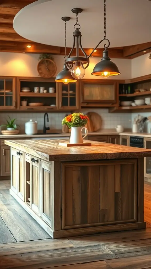 A rustic kitchen island made of reclaimed wood, featuring pendant lights and a warm atmosphere.