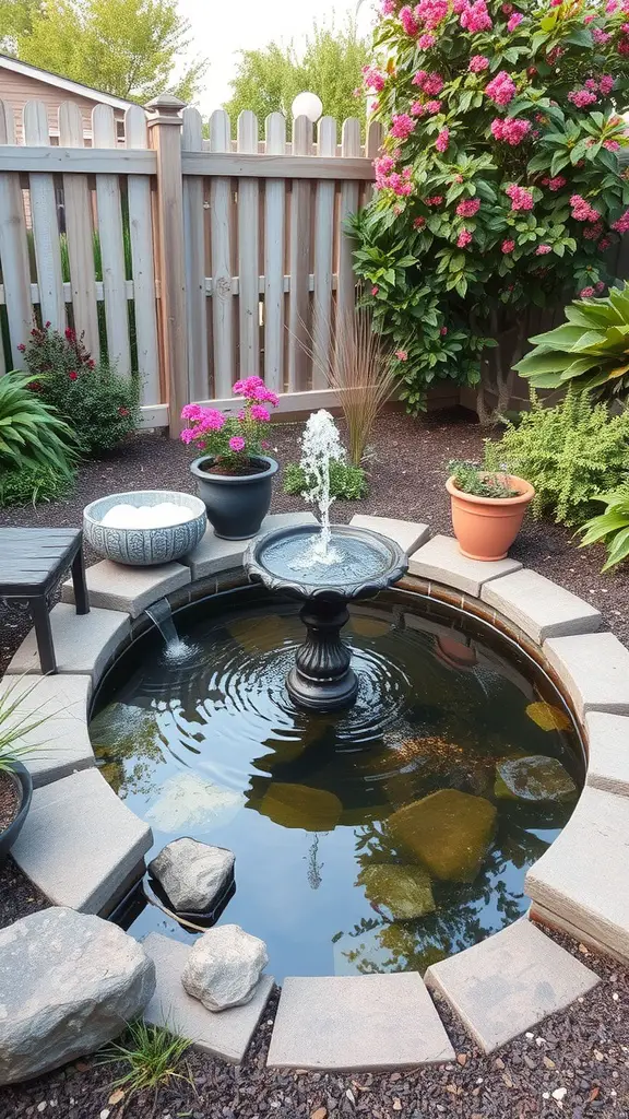 21+ Renter-Friendly Backyard Ideas for a Cozy Outdoor Space 14 A small circular pond with a fountain, surrounded by stones and colorful flowers.