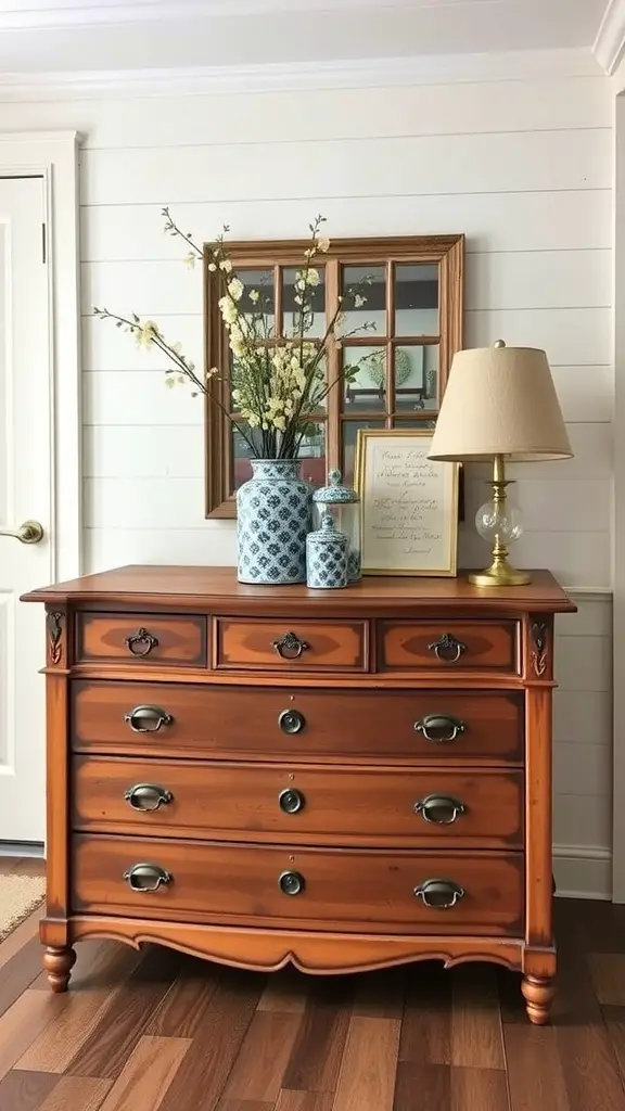 A vintage wooden dresser with decorative vases and a lamp on top, set against a light-colored wall.