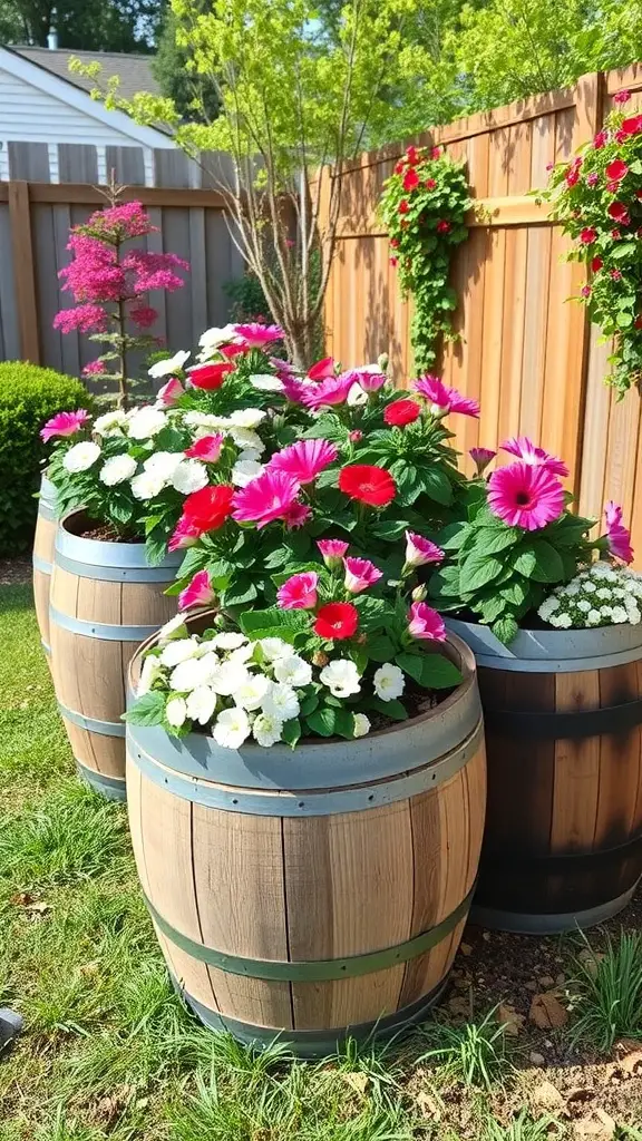 21+ Renter-Friendly Backyard Ideas for a Cozy Outdoor Space 9 Colorful flowers in repurposed wine barrel planters in a backyard setting