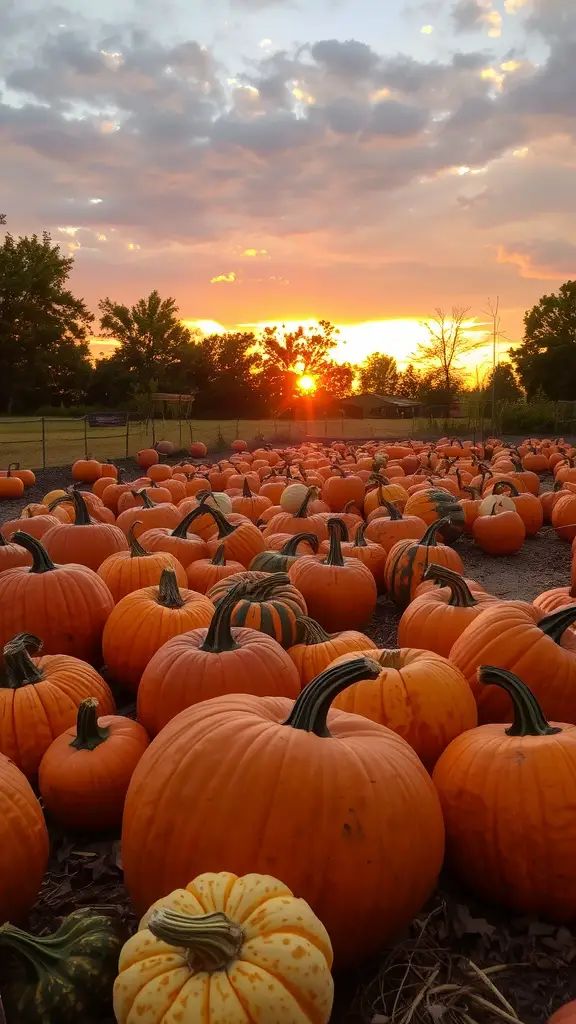 19+ Must-Grow Fall Garden Vegetables for a Bountiful Harvest 9 A pumpkin patch filled with vibrant orange pumpkins under a sunset sky.
