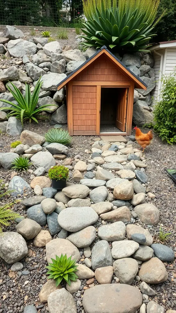 A chicken coop surrounded by a rock garden featuring smooth stones and various plants.