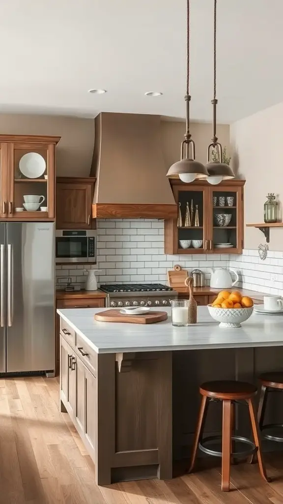 A rustic farmhouse kitchen island with built-in appliances, featuring warm wood tones and a smooth countertop.