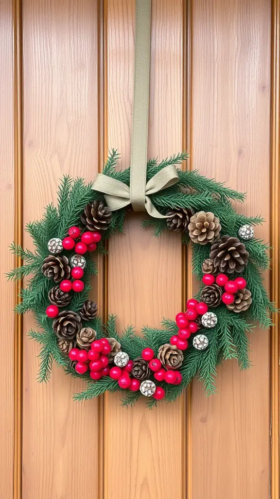 23+ Stunning Fall Wreath Ideas to Welcome the Season 9 Rustic pinecone and berry wreath hanging on a wooden door.