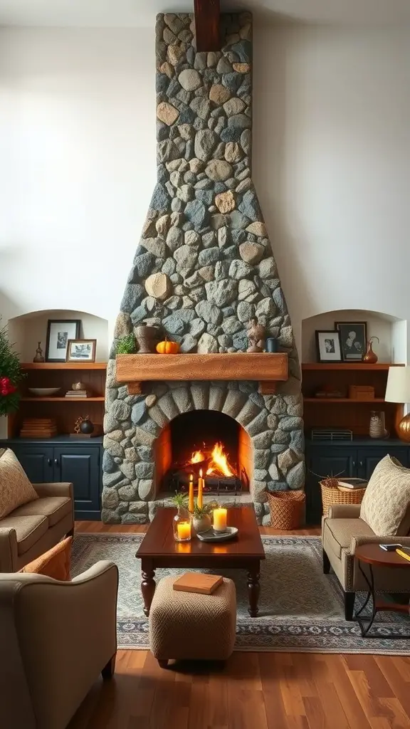 A rustic stone fireplace in a cozy living room with wooden mantel and comfortable seating.
