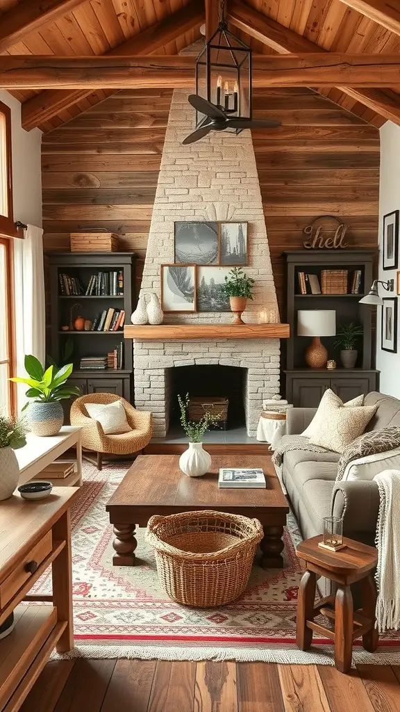 21 Stunning Boho Farmhouse Decor Ideas for a Cozy Home 6 Cozy living room with rustic wood accents, featuring wooden beams, a stone fireplace, and warm furniture.