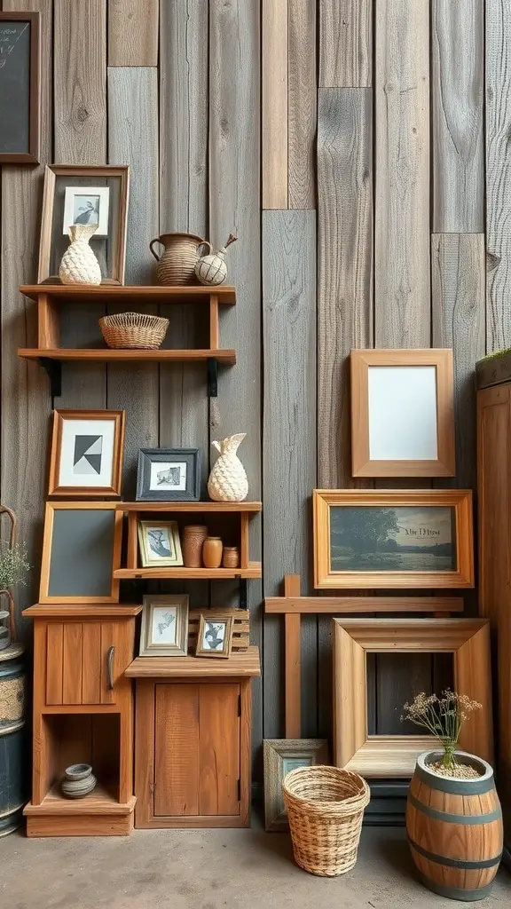 A collection of rustic wooden shelves and frames displaying decor items against a wooden wall.