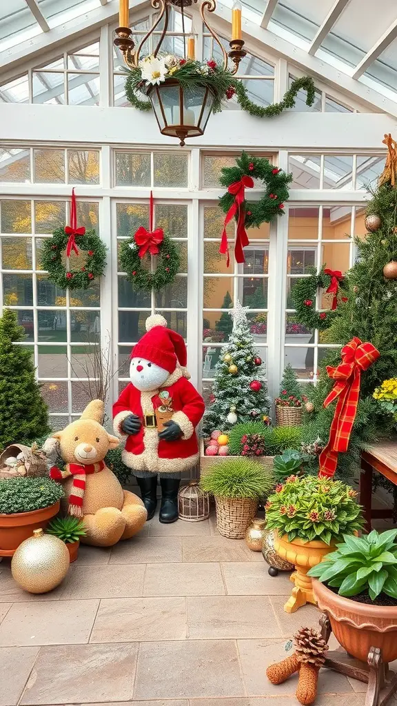 19+ Inspiring Garden Room Ideas for Your Outdoor Retreat 13 A cozy seasonal decor display area with a snowman, teddy bear, wreaths, and a Christmas tree.