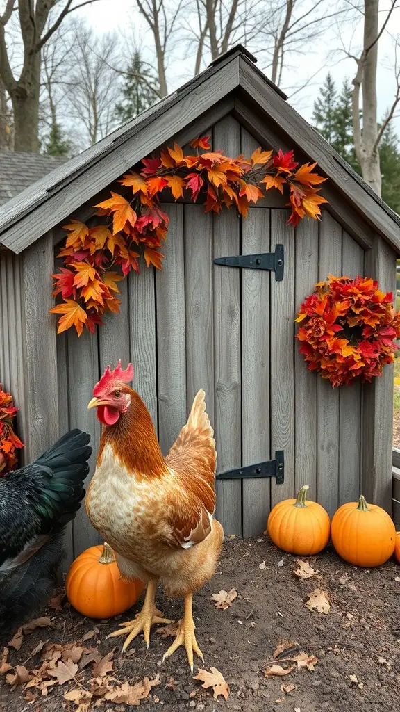 A chicken coop decorated with autumn leaves and pumpkins, featuring a brown hen in front.