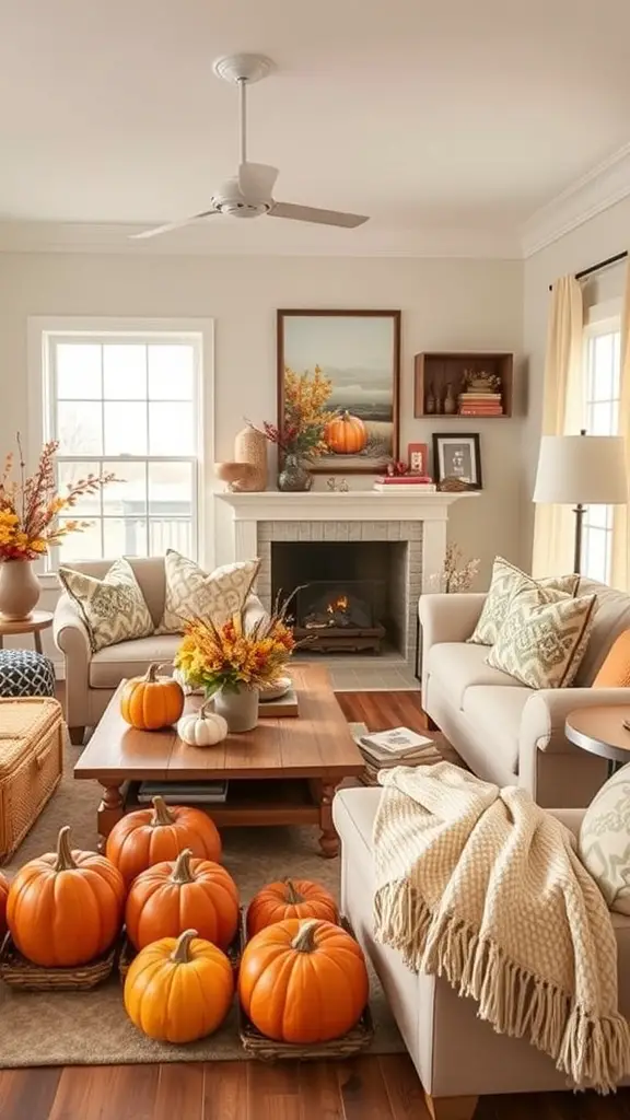Cozy farmhouse living room decorated for autumn with pumpkins and warm colors.