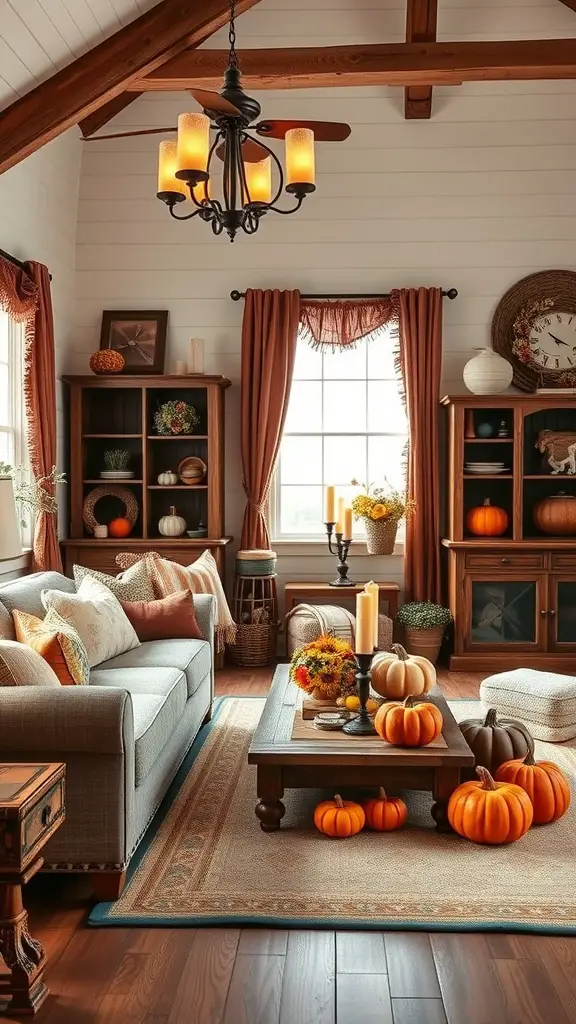 Cozy living room decorated for autumn with pumpkins, candles, and warm colors.