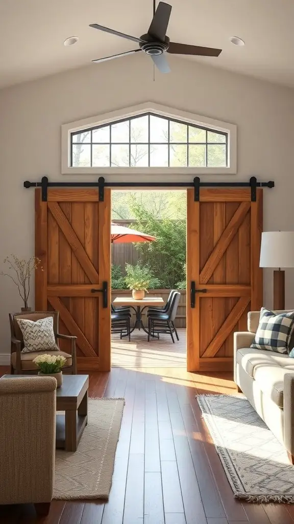 A cozy living room featuring sliding barn doors that open to an outdoor patio.