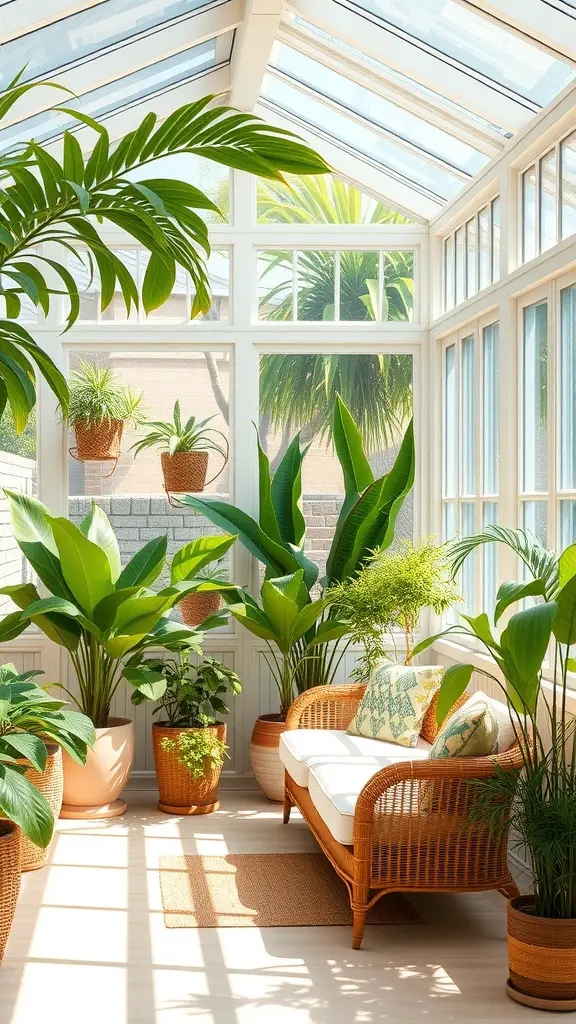 19+ Inspiring Garden Room Ideas for Your Outdoor Retreat 10 A bright sunroom filled with tropical plants and rattan furniture.
