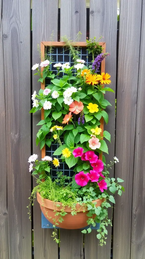 21+ Renter-Friendly Backyard Ideas for a Cozy Outdoor Space 10 A colorful vertical garden planter mounted on a wooden fence, featuring various flowers in bloom.