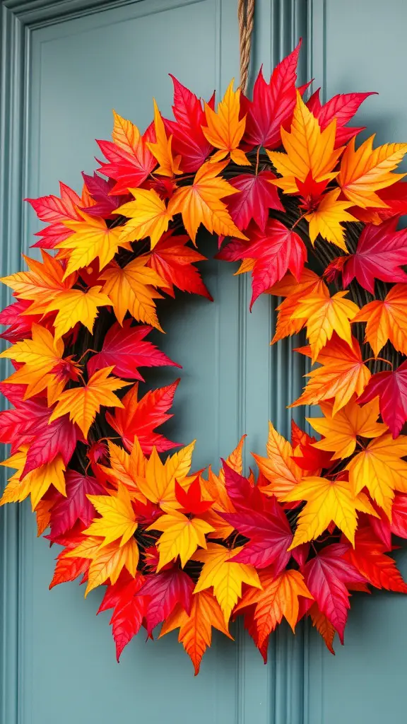 23+ Stunning Fall Wreath Ideas to Welcome the Season 2 A colorful wreath made of red, orange, and yellow maple leaves on a white background.