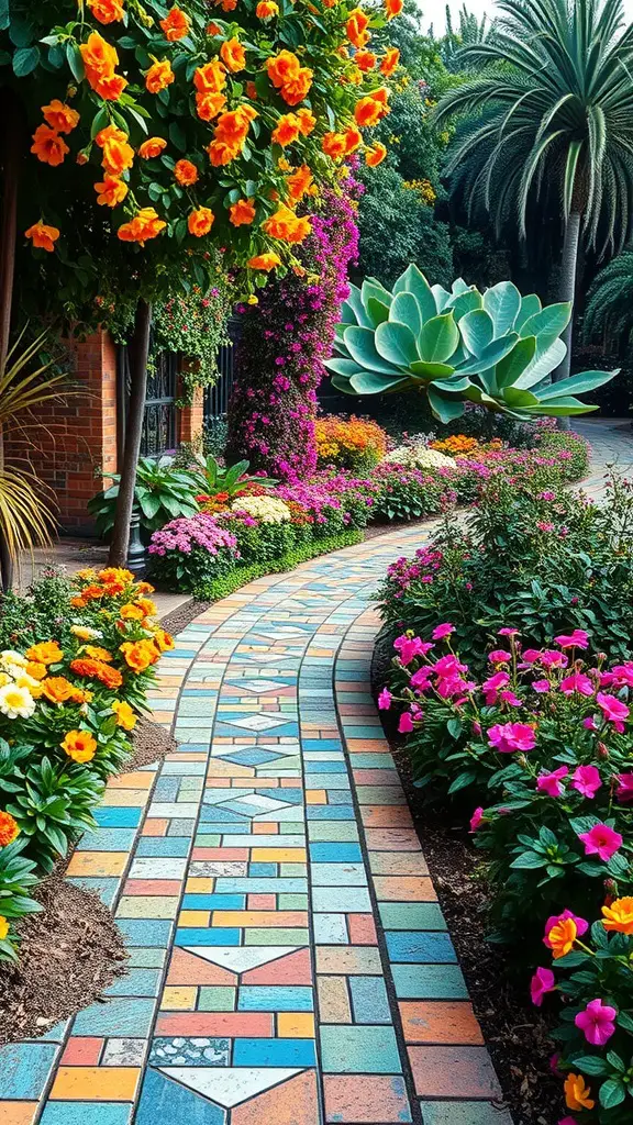 A colorful mosaic pathway surrounded by vibrant flowers and greenery.