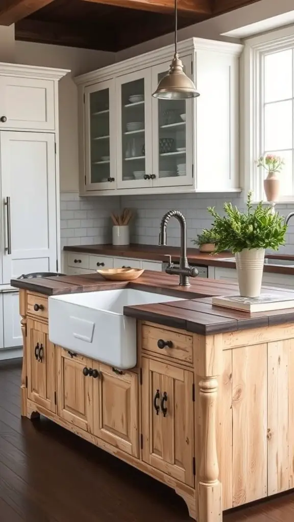 A rustic kitchen island featuring a vintage farmhouse sink, natural wood cabinetry, and a dark countertop.