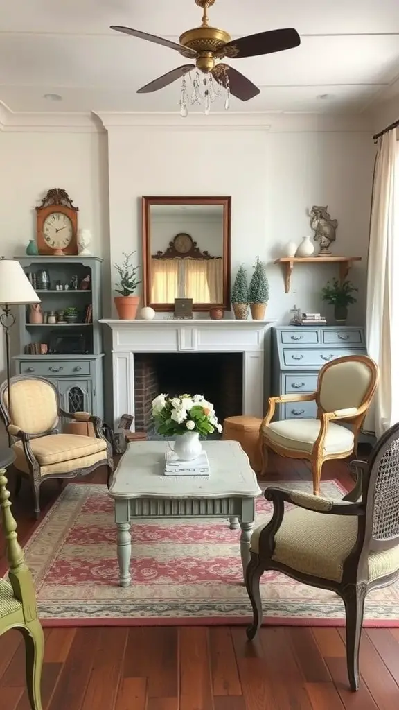 A vintage farmhouse living room featuring elegant furniture, a cozy atmosphere, and decorative plants.