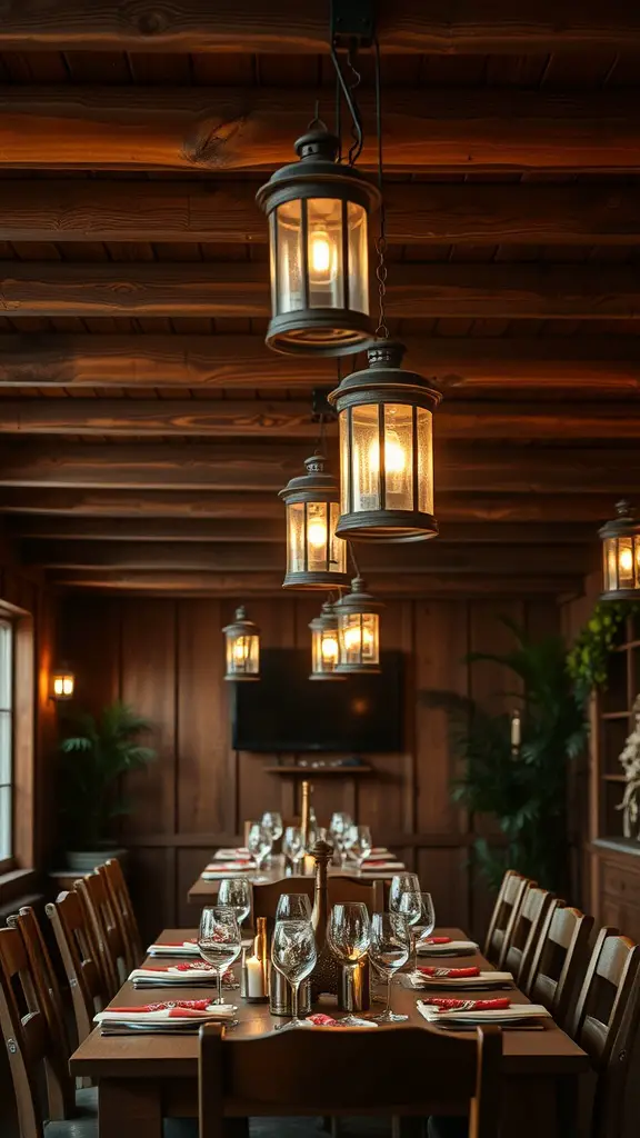A cozy dining area featuring vintage lanterns hanging from the ceiling, with a wooden table set for dinner.